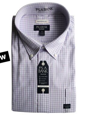 18.5 34/35 Dress Shirt Purple White Plaid Traditional Fit New Mens Traveler 2XL